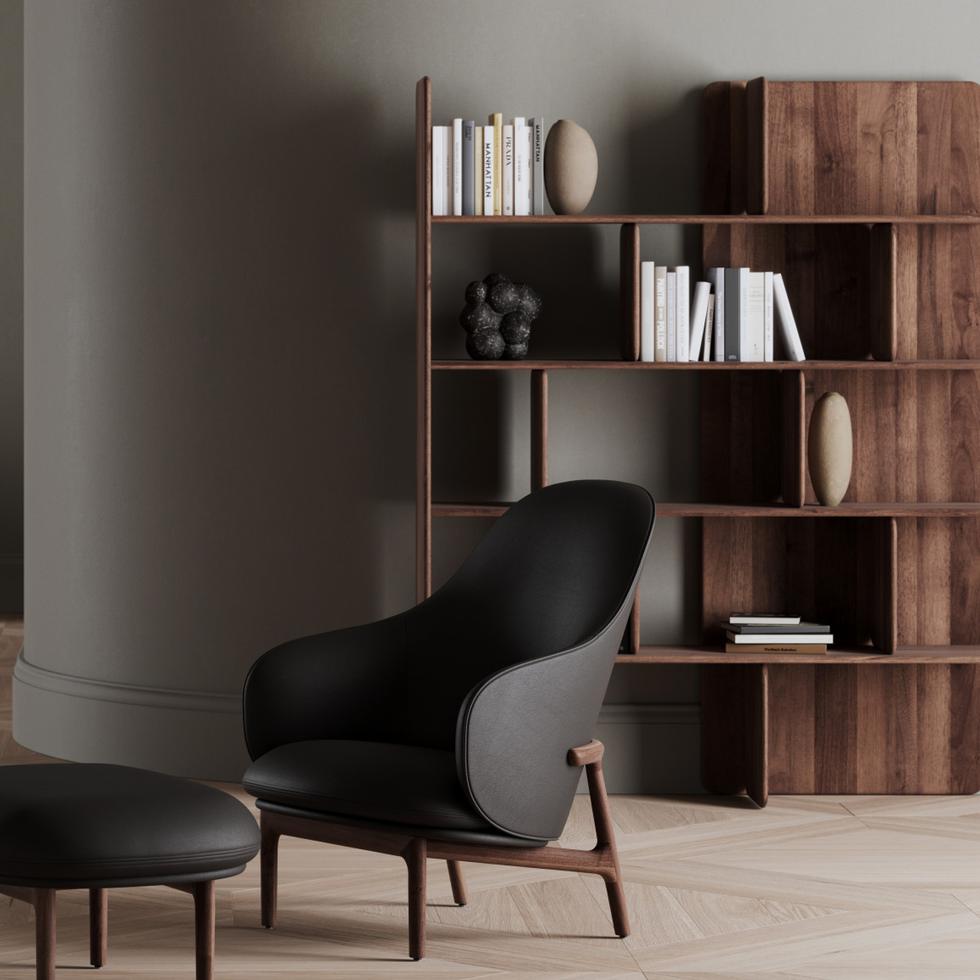 Artisan Soft Shelf with Mela Lounge High back & Mela Ottoman shown in walnut
